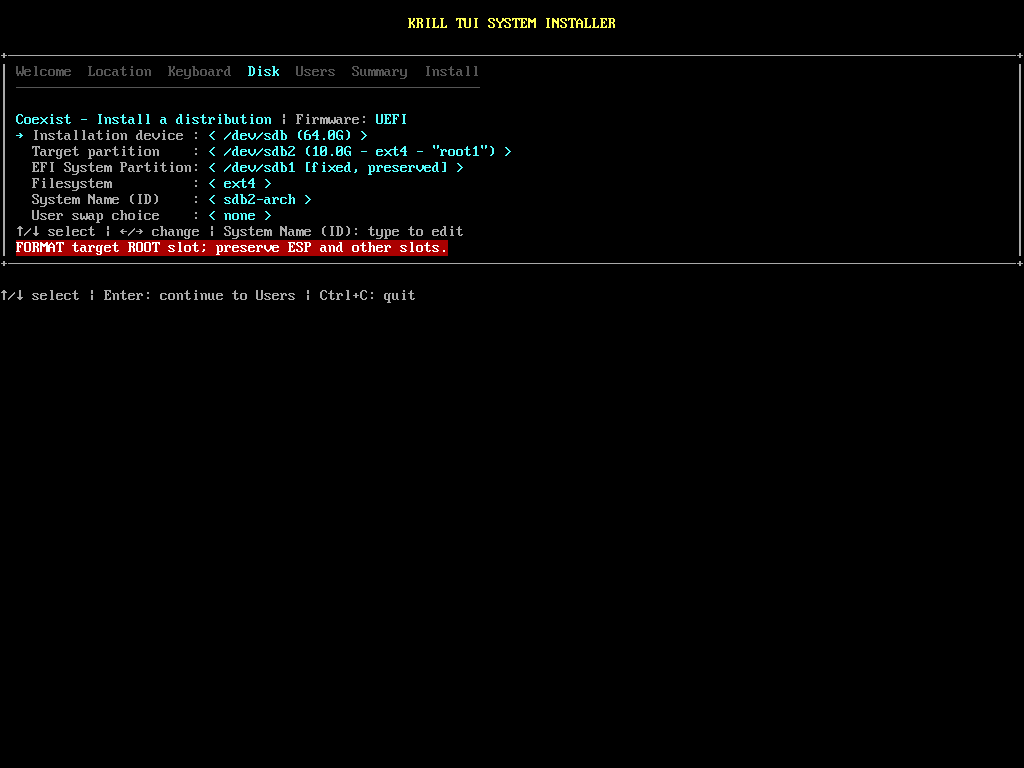 Selezione slot per Arch Linux in Krill TUI