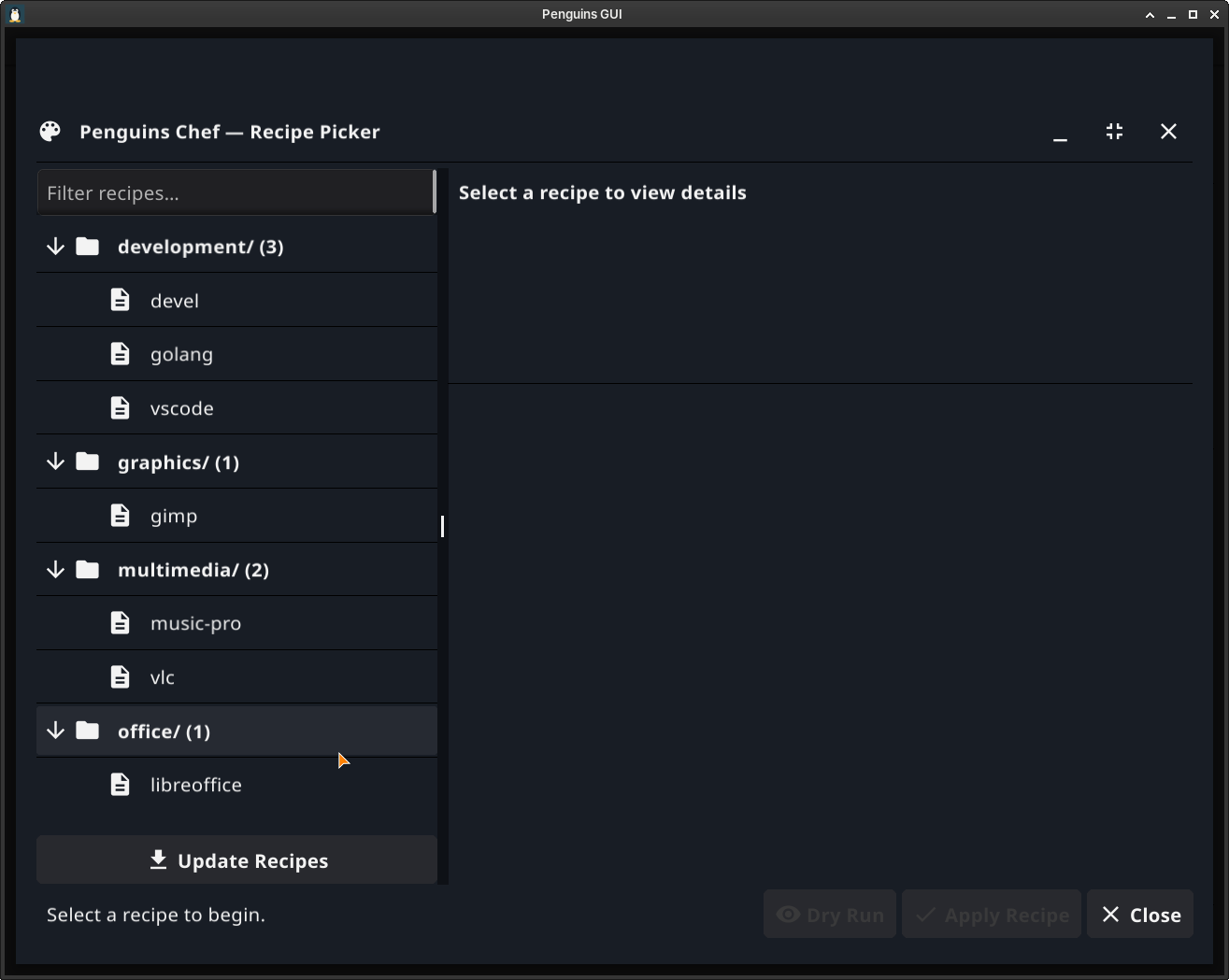 Penguins Chef Recipe Picker in Penguins GUI