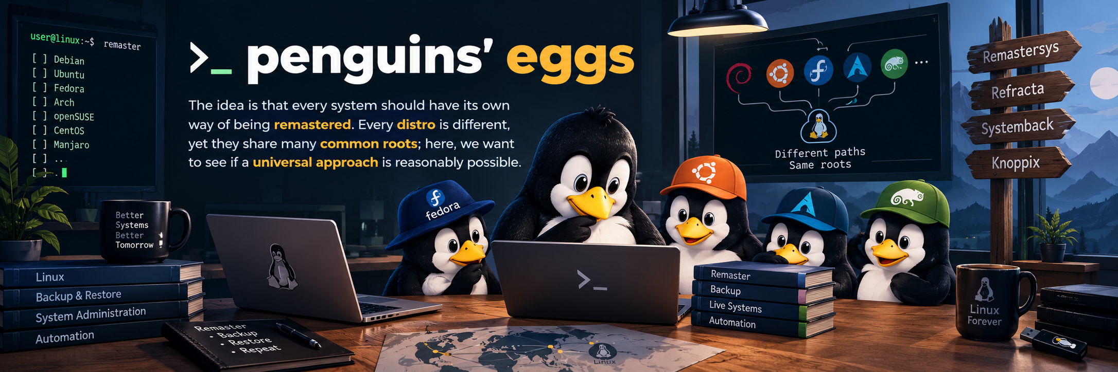 penguins' eggs — penguins representing Linux distributions working together to remaster their systems